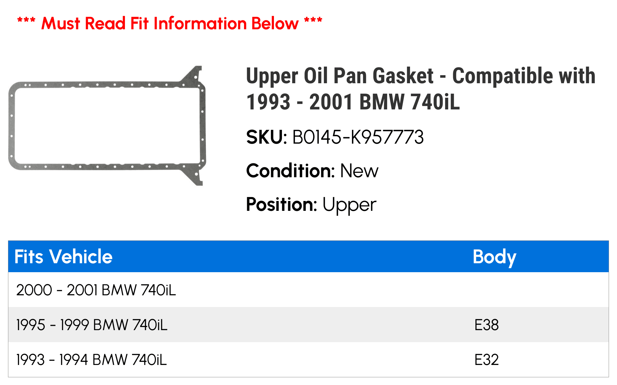Upper Oil Pan Gasket - Compatible with 1993 - 2001 BMW 740iL 1994 1995 1996 1997 1998 1999 2000