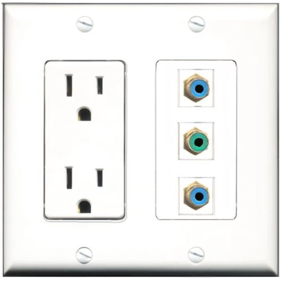 RiteAV - 15 Amp Power Outlet 1 Port RCA Green 2 Port RCA Blue Decorative Wall Plate