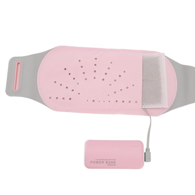 envoltura de cintura con calefacción, almohadilla térmica de cintura inalámbrica de 105 cm, vista frontal centrada del cinturón rosa y gris con superficie perforada y panel de malla, cable conectado a la batería externa rosa de 9600 mAh incluida; adecuada para soporte lumbar y alivio de dolor de espalda.