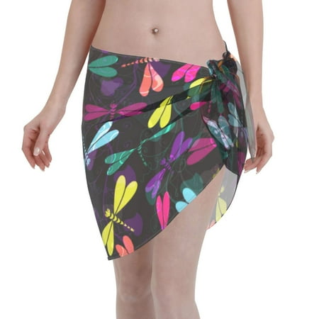 Qekee Colorful Dragonflies Women s Short Sarongs Cover Ups Sheer Bikini Wraps for Swimwear