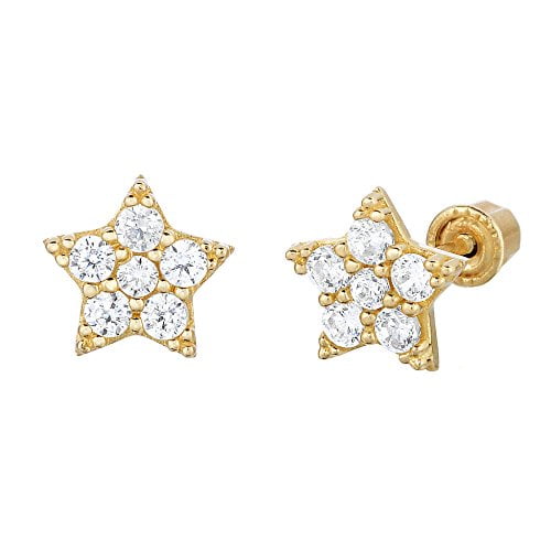 14k Gold Small Star shaped CZ Stud Earrings with Secure Screwbacks for Girls (yellow-gold)