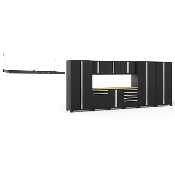 NewAge Products Pro Series Black 11 Piece Cabinet Set, Heavy Duty 18-Gauge Steel Garage Storage System, LED Lights / Wall Mounted Shelf Included