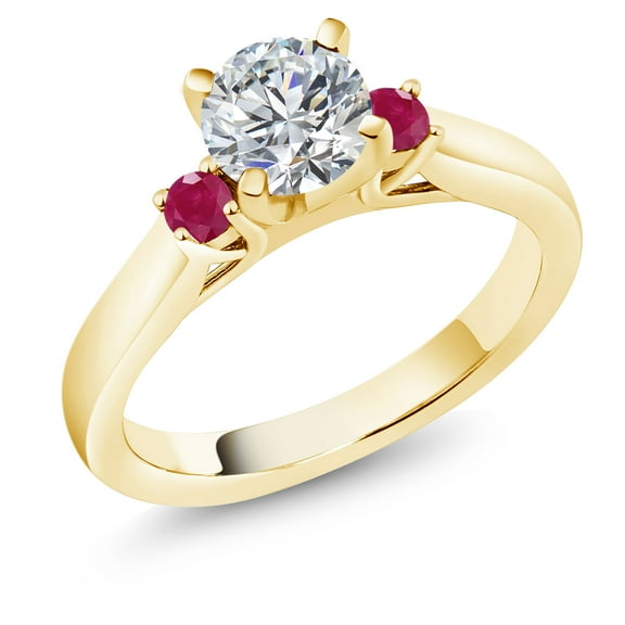 Gem Stone King 18K Yellow Gold Plated Silver Lab Grown Diamond and Red Ruby Engagement Ring for Women | 0.86 Cttw | Round 6MM | Gemstone April Birthstone | Size 6