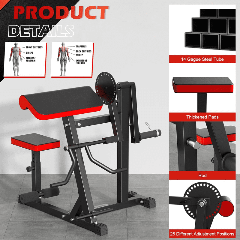 2-in-1 Upgrade Bicep Tricep Curl Machine with Foot Pedal and Adjustable Seat, Plate Loaded Preacher Curl Bench Seated Arm Isolated, Bicep Curl and Triceps Extension Machine for Home Gym Workout
