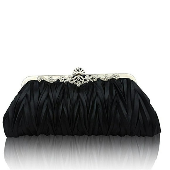 Womens Satin Evening Clutch Wedding Party Purse Cocktail Handbags (Black)