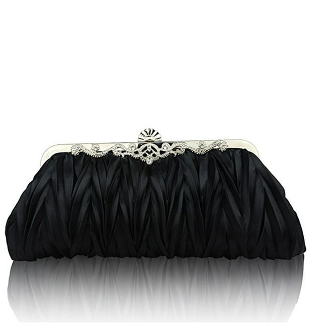 Womens Satin Evening Clutch Wedding Party Purse Cocktail Handbags (Black)
