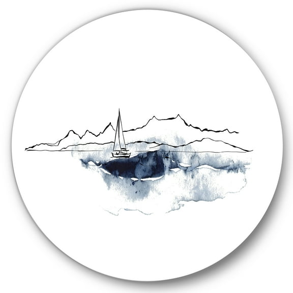 Designart 'Minimalistic Seascape With Boat and Black Mountains' Nautical & Coastal Circle Metal Wall Art 36x36 - Disc of 36