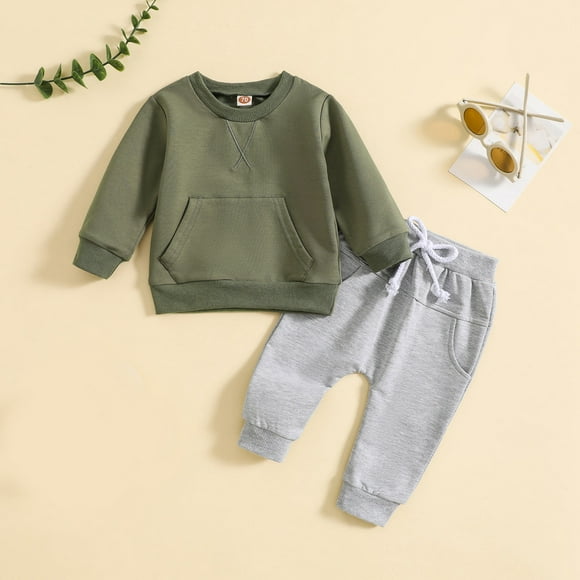 LSLJS Toddler Baby Boys Girls 2PCS Pullover & Jogger Set Solid Color Long Sleeve Top Trousers Suit Casual Sweatsuits Outfits, Baby Girls' Pant Sets on Clearance( Army Green, 12-24 Months )