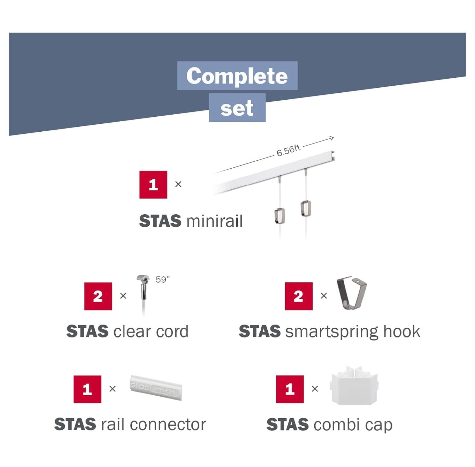 STAS Minirail Picture Hanging System Set - Covers 6.56 ft of Wall Space - Smallest Picture Rail & Art Hanging Kit for Art Display (White Rails, Includes 2 & Cords)