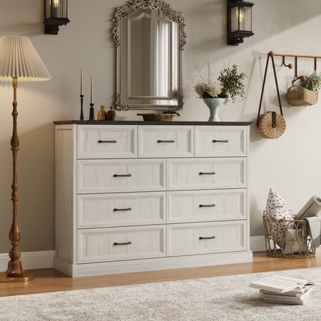 YouTrend Rustic 9-Drawer Wood Dresser Large Storage Chest Organizer with Metal Handles for Bedroom Living Room Farmhouse Style Furniture White