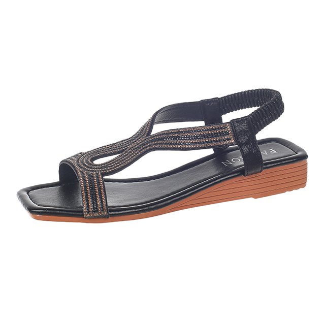 Bmisegm Ladies Summer Bohemian Style Rhinestone Beach Large Size Slope Heel Sandals Womens Sandals Summer Black 7.5