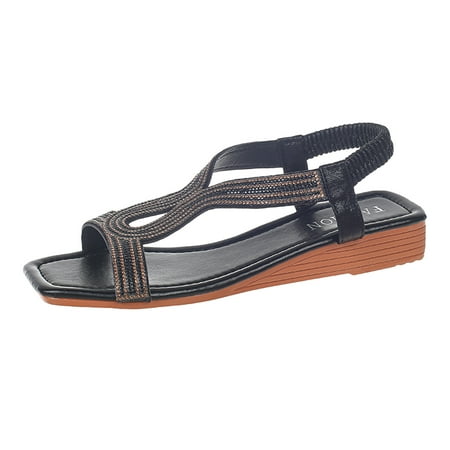 ZHAGHMIN Leather Platform Sandals for Women Size9 Summer Boho Rhinestone Beach Large Size Wedge Sandals Women Elastic Ankle Strap Square Toe Thong Sandals Black