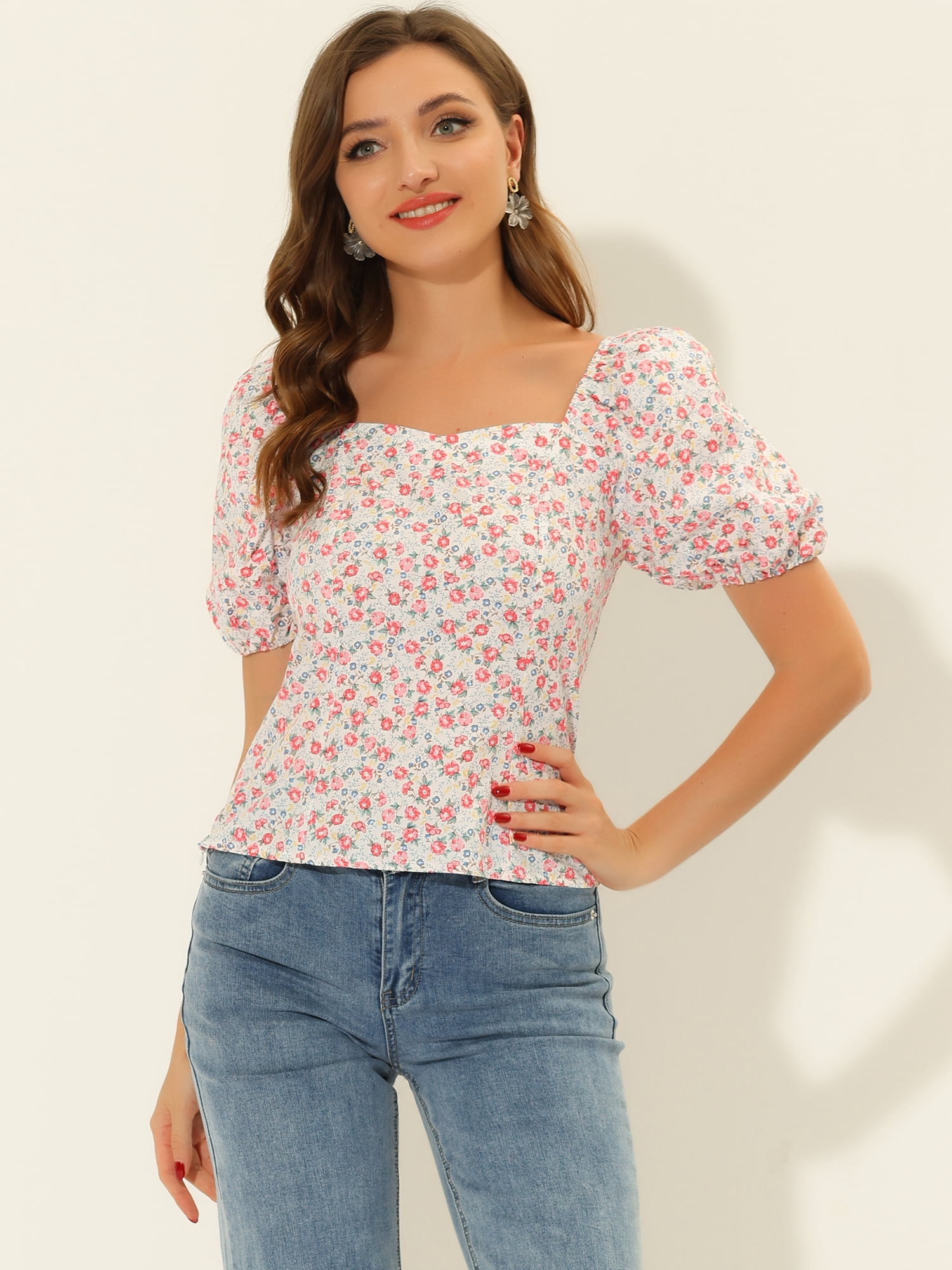 DARING DIVA Puff Sleeve Sweetheart Neck Smocked Floral Top M White Red