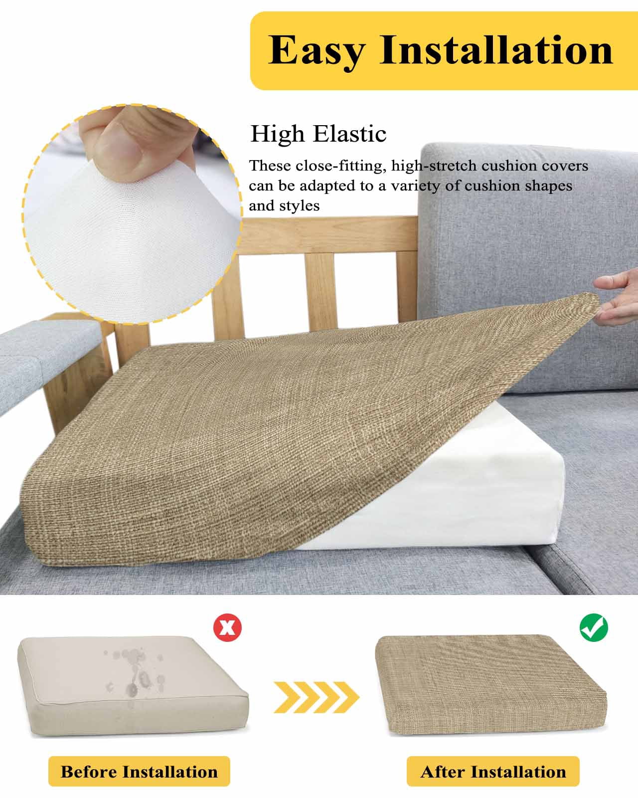 Brown Farmhouse Couch Cushion Covers,Stretch Seat Cushion Covers for Sectional Sofa,Vintage Country Monochrome Textured T-shaped Sofa&nbsp;Slipcovers Furniture Protector with Elastic&Straps 3Pcs,S