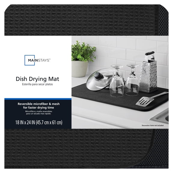 Mainstays Microfiber Dish Drying Mat, Absorbent Kitchen Countertop Drying Mat for Dishes, Glasses and Utensils, Black