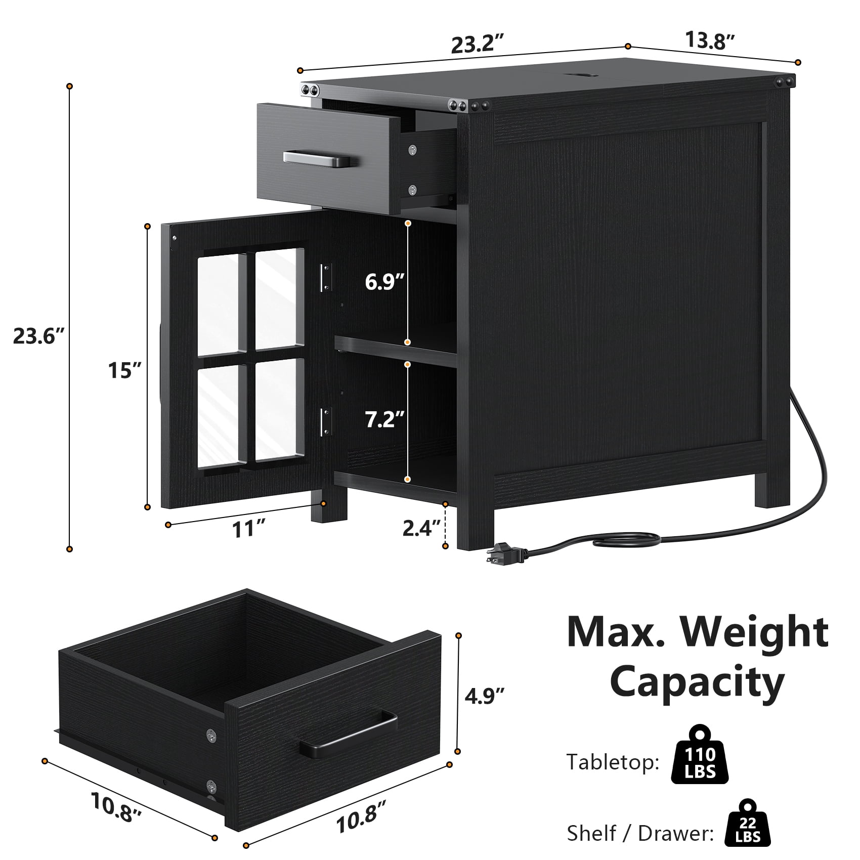 Winkalon Farmhouse End Table with Charging Station, Sofa Side Table with Drawer and Storage Cabinet, Small Nightstand for for Living Room, Bedroom