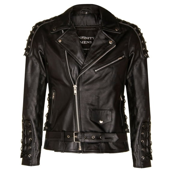Mens Vintage Brando Leather Biker Jacket-Sandwich in Black