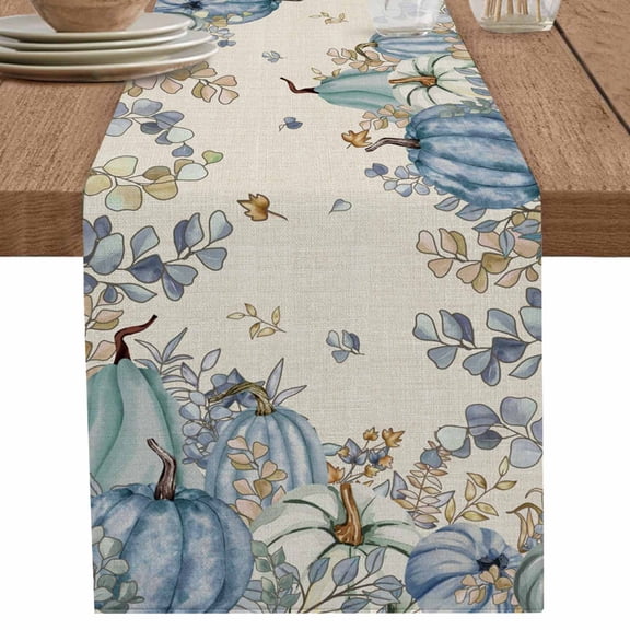 nqOlkjepod Blue Teal Fall Table Runner 90 Inches Long Farmhouse Dress Scarves, Thanksgiving Pumpkins Rustic Botanical Dining Tablerunner for Coffee Table/Kitchen Island/Party Décor, 13" x 90"