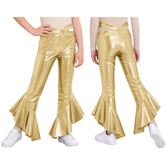 iiniim Girls Shiny Metallic Ruffle Flare Leggings Hip Hop Jazz Disco Dance Pants Performance Bell Bottoms Trousers Gold 16