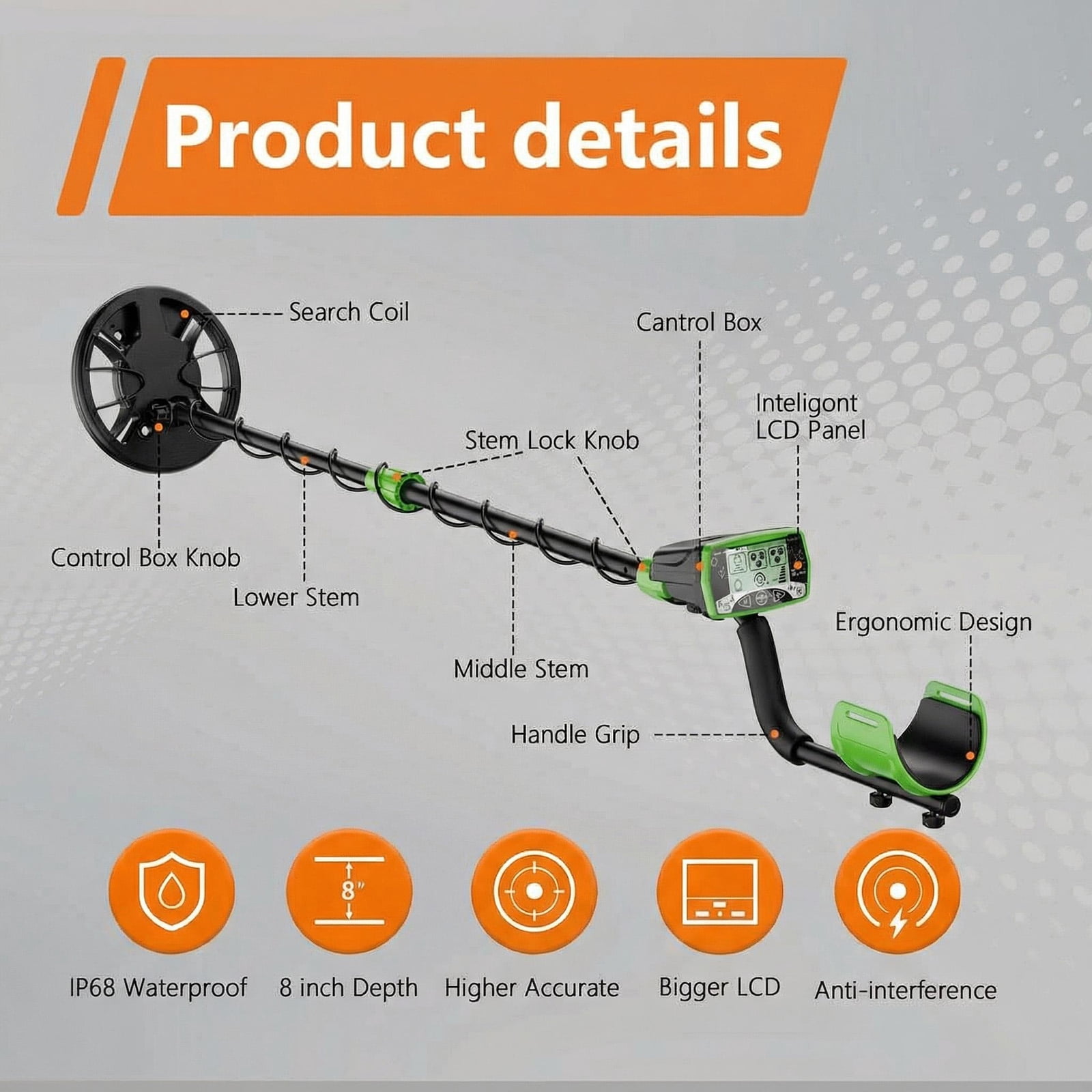 Waterproof Metal Detector for Adults, 8" High Accuracy Search Coil with All Metal & Disc Mode, LCD Display for Outdoor Gold Hunting, Beach, Backyard