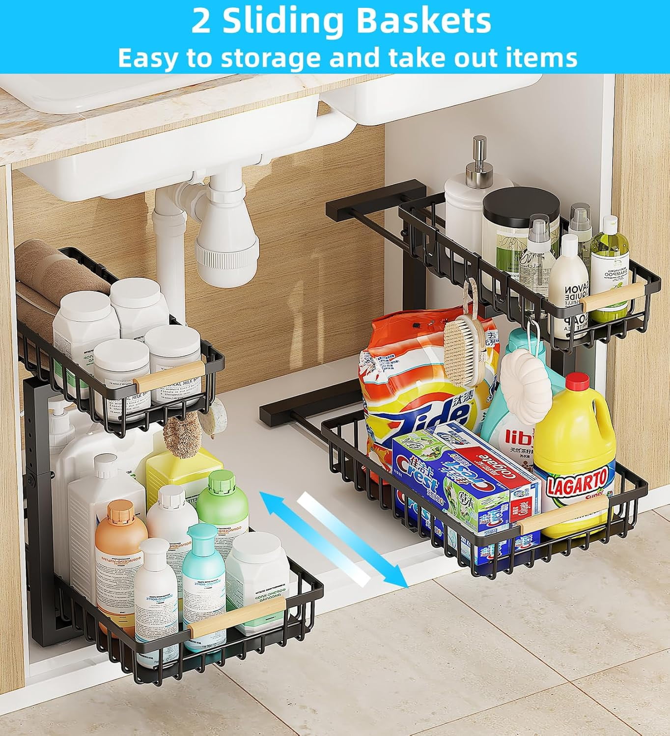 2 Pack Under Sink Organizer, Large 2 Tier Under Sink Organizer Storage, Height Adjustable Metal Pull Out Cabinet Organizer, Sliding Storage for Kitchen/Bathroom/Laundry Room.
