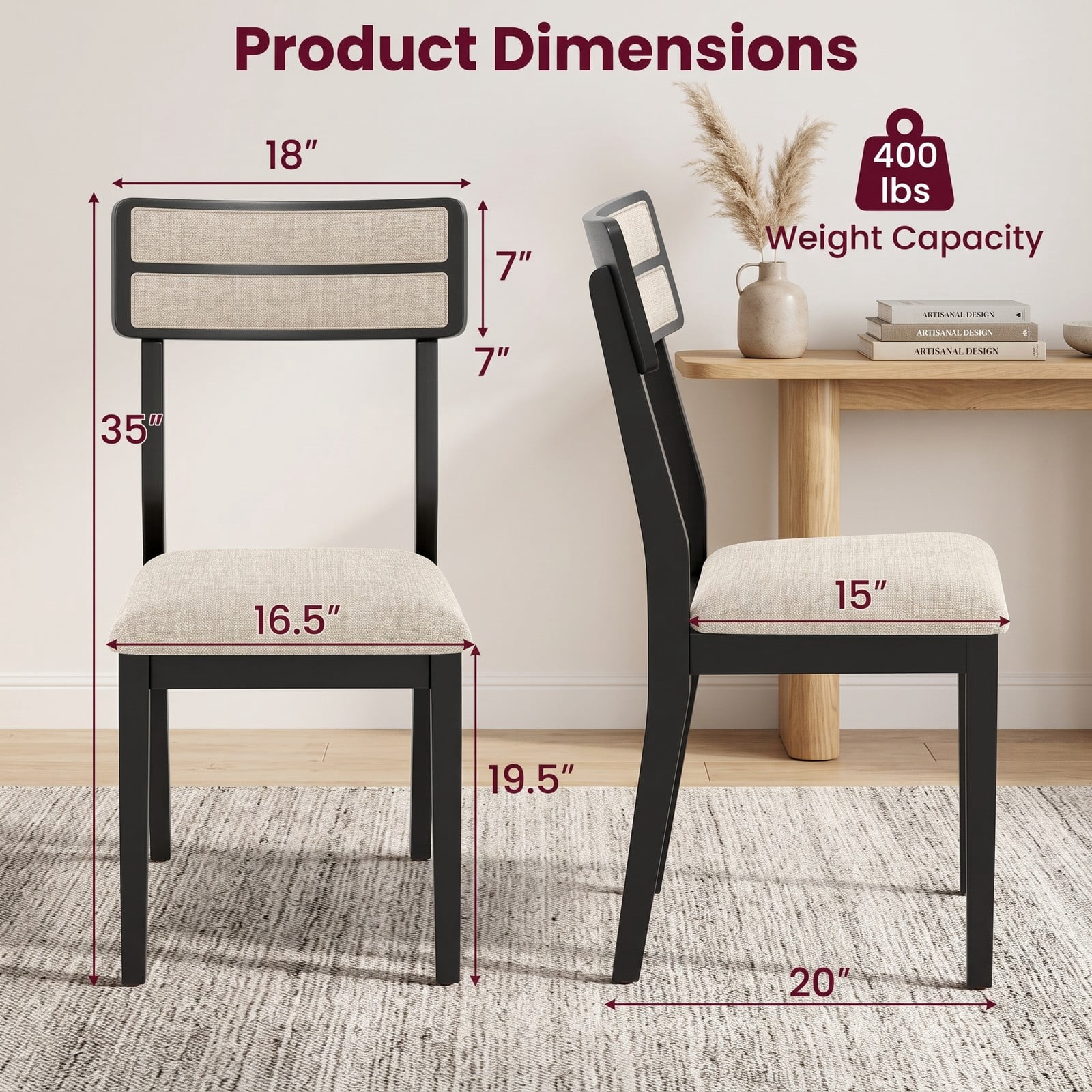 Furnibear Modern Dining Chairs Set of 4, Upholstered Linen-Feel Fabric Kitchen Chairs with Tilt Backrest and Rubber Wood Legs, Padded Accent Side, Beige and Black