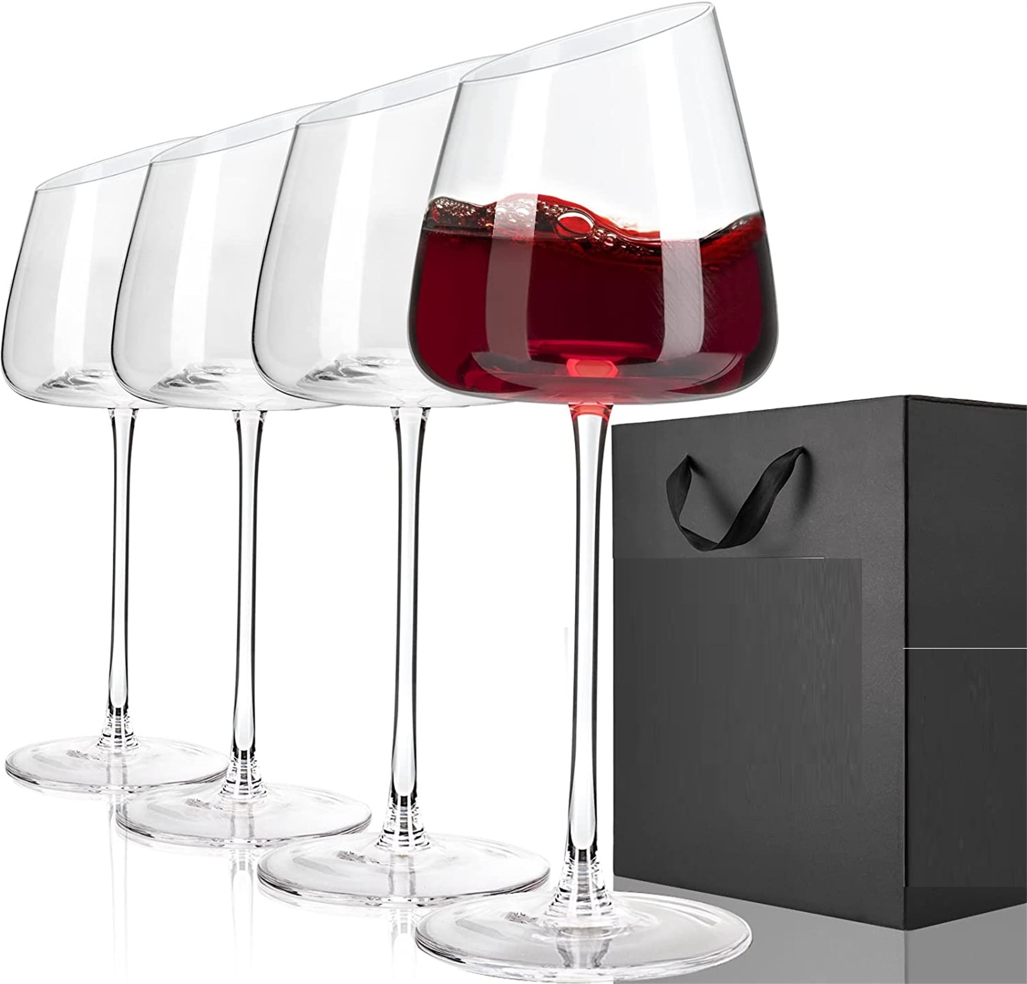 Modern Slanted Red Wine Glasses Set of 4,Elegant HandBlown Long Stem