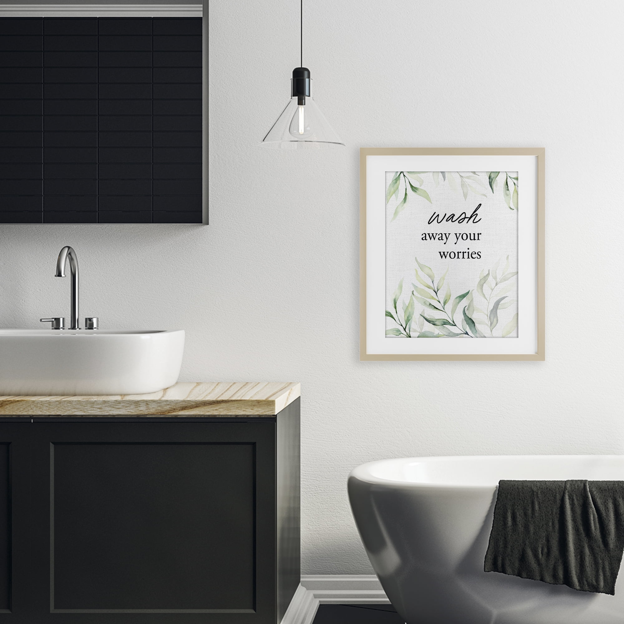 Wash Away Worries Greenery Birch Framed Print Under Glass, design by Lettered and Lined