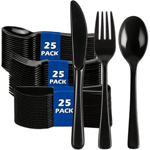 75 Pack Black Disposable Plastic Silverware Set