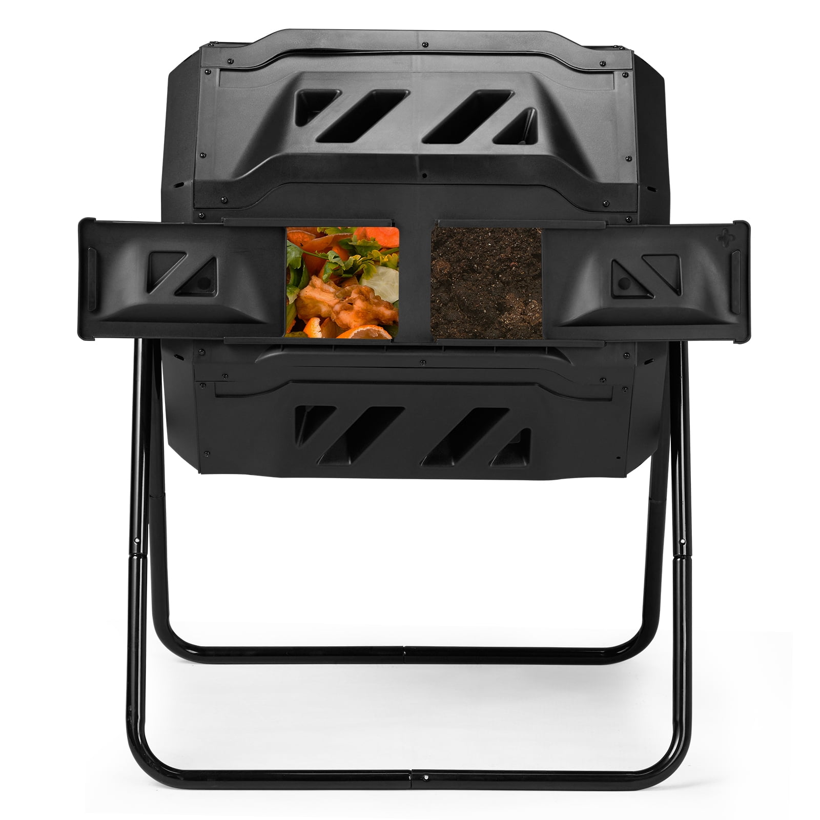 Outdoor Compost Tumbler Dual Chamber, Outdoor Tumbling Composter Dual Rotating Batch Compost Bin, 42 Gallon, Black