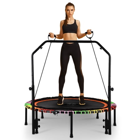 heyzoo 48  fitness trampoline with 550 lbs weight capacity heavyduty rebounder  with bungees  u shape adjustable foam handle  for home gym  cardio workouts  and family fun