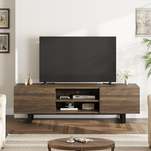 Yeshouse 80" Media Console Table, Industrial Wooden TV Cabinet with Heavy Duty Legs, 2 Drawers, Open Shelves, Walnut
