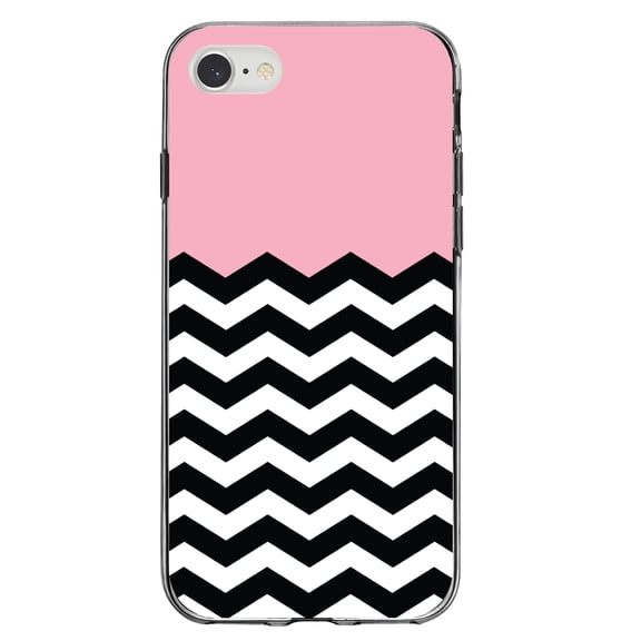 DistinctInk Clear Shockproof Hybrid Case for iPhone 7 8 SE (2020 Model) 4.7" Screen TPU Bumper Acrylic Back Tempered Glass Screen Protector - Black White Pink Chevron - Black & White Chevron Stripes