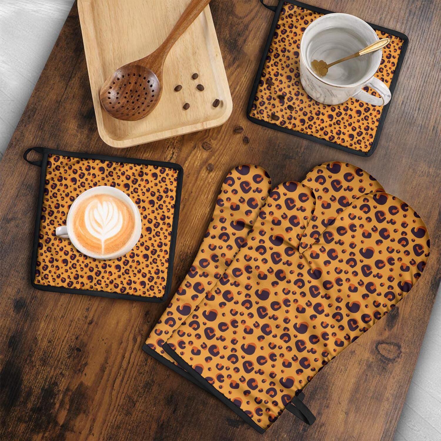 Leopard Print Oven Mitts and Pot Holders Set Of 4, Heat Resistant Kitchen Gloves with Non-Slip Grip, Hanging Loop, Soft Cotton Lining for Baking, Cooking, Grilling, Barbecue