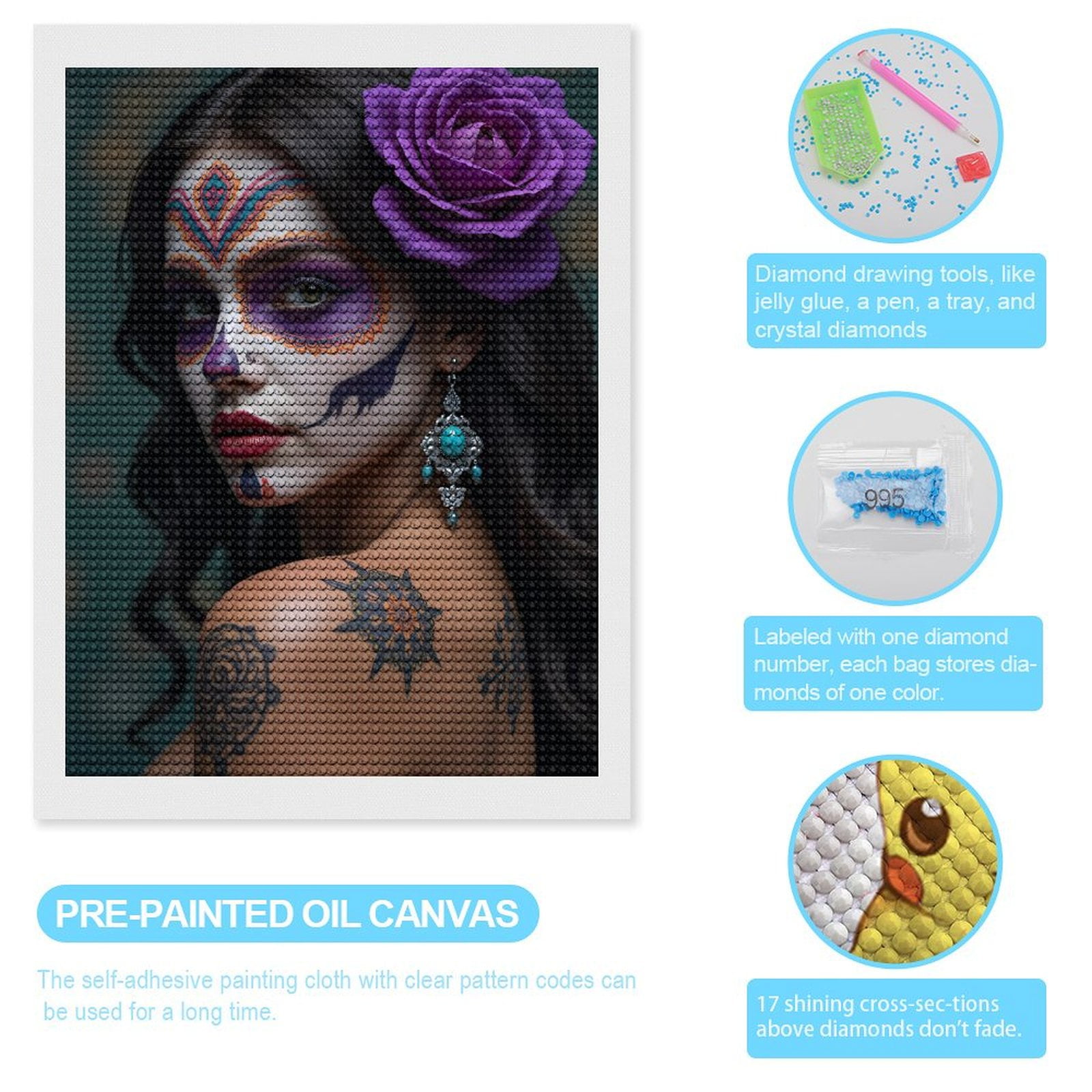 Diamond Art Kits for Adults, Face Paint Purple Rose Tattoos 5D Diamond Painting Kits for Adults Beginners, DIY Full Drill Diamond Painting, Gem Art and Crafts 12x16