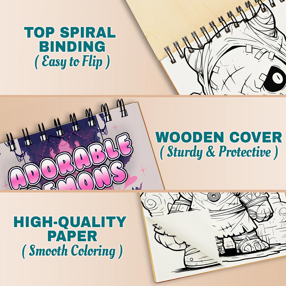 Adorable Demons Coloring Book Spiral Bound For Adults, A5 Wooden Cover, 30 Playful Coloring Pages in Cute Demon Characters for Stress Relief and Relaxation