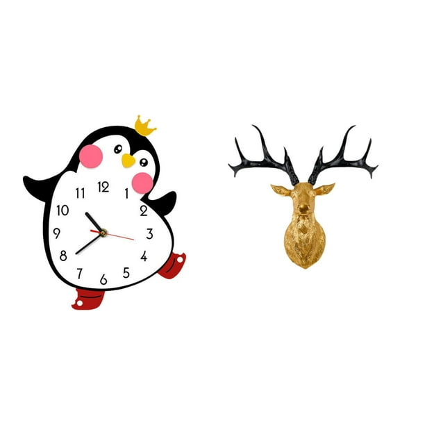 Reloj de pared,Reloj de pared silencioso y decorativo que no hace tictac,Reloj de pared silencioso de pingüino pequeño Reloj de madera,Estatua de cabeza de ciervo,Decoración de pared con