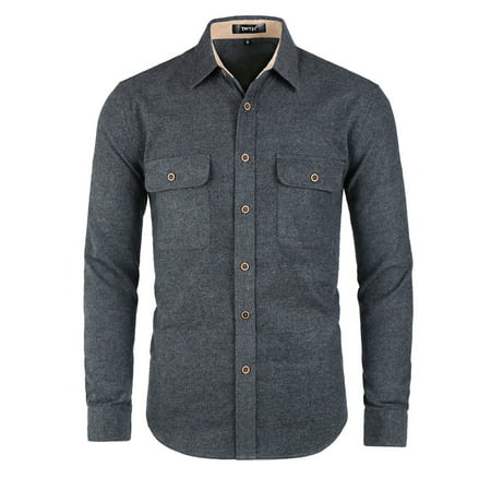 Men Casual Contrast Brushed Long Sleeve Button Down Shirts Dark Gray L ...