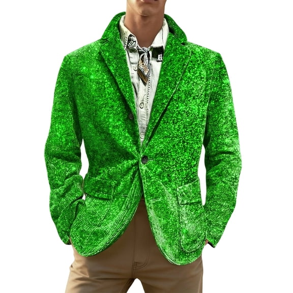 IWRICH Men's Mardi Gras Suit Jacket Printed Corduroy Lapel Button Blazers Jackets with Pockets for Formal Event 09-Green XL