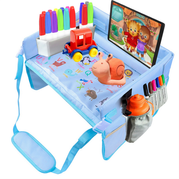 YITUMU Kids Travel Tray with iPad Holder & Multi-Pockets for Eating & Drawing, Blue
