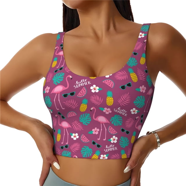 Balery Summer Flamingo Sujetadores deportivos con espalda cruzada para mujer, acolchados, sin costuras, de alto impacto, ideales para yoga, gimnasio, entrenamiento y fitness.-