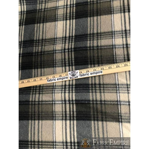 Fleece Printed Fabric HARMONY TARTAN GRAY BEIGE IVORY WHITE / 58" Wide / Sold by the yard