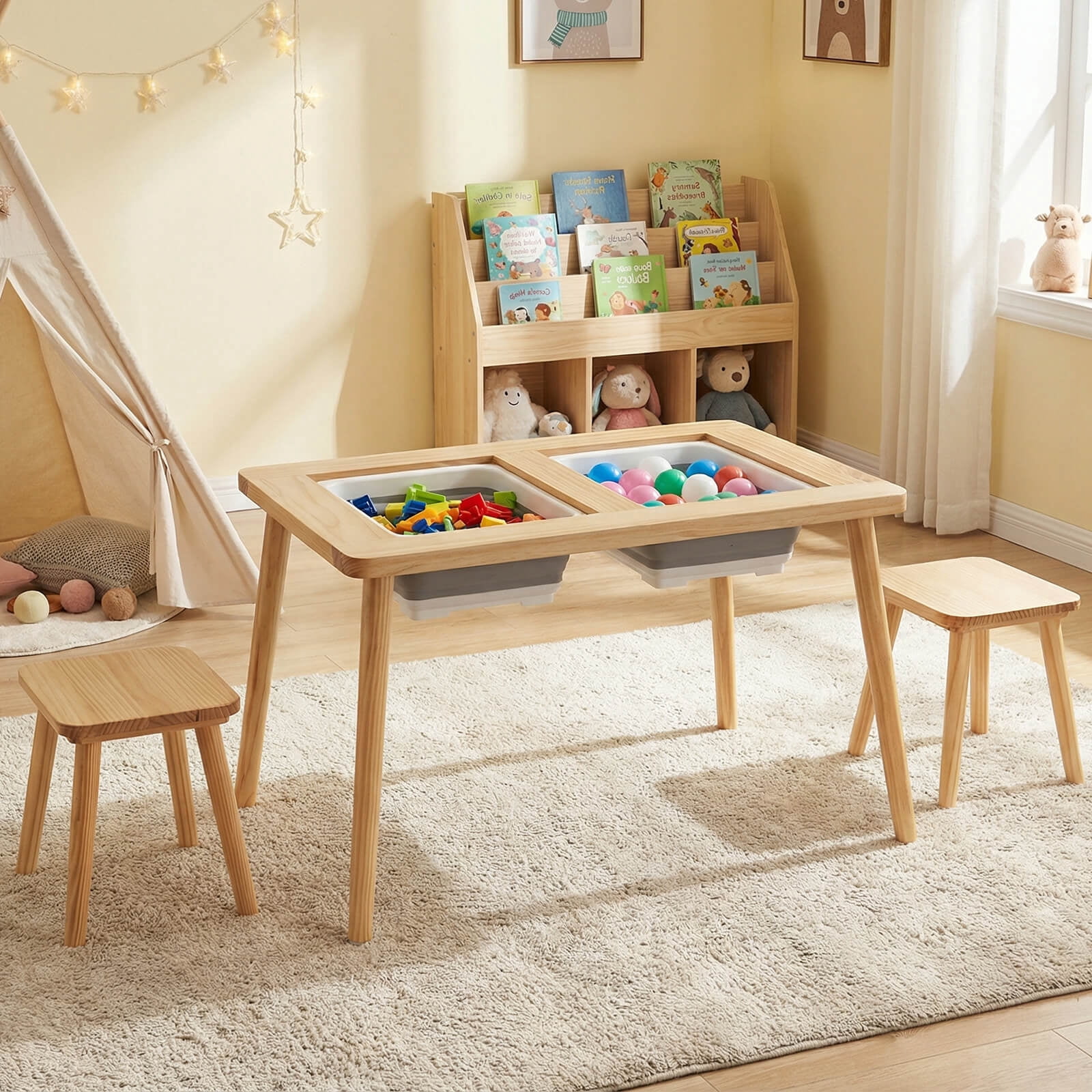 Costway Sensory Table Kid’s Table and Chairs Set with Detachable Double-Sided Tabletops Natural + White + Black