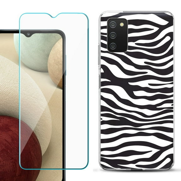 Slim-Fit TPU Fashion Phone Case for Samsung Galaxy A03s, with Tempered Glass Screen Protector, by OneToughShield ® - Zebra B/W