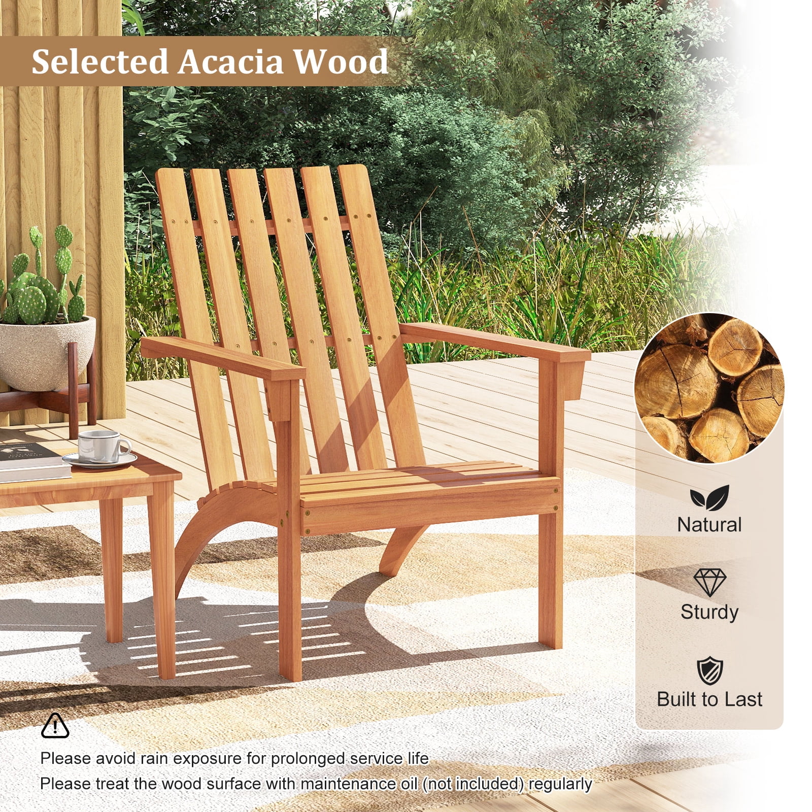 Patiojoy 2PCS Wooden Adirondack Chair W/Ergonomic Design Outdoor Lounge Armchair Acacia Wood chair for Yard&Patio Natural Color