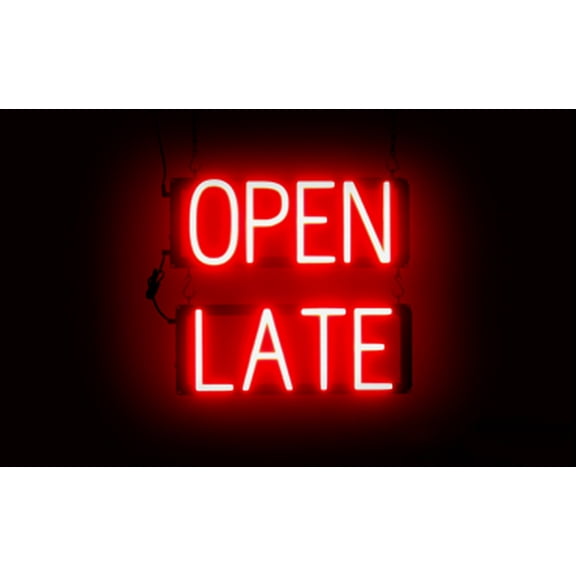 SpellBrite OPEN LATE LED Sign for Business. 17.0" x 15.0" Red OPEN LATE Sign Has Neon Sign Look With Energy Efficient LED Light Source. Visible from 500 Feet, 8 Animation Settings.