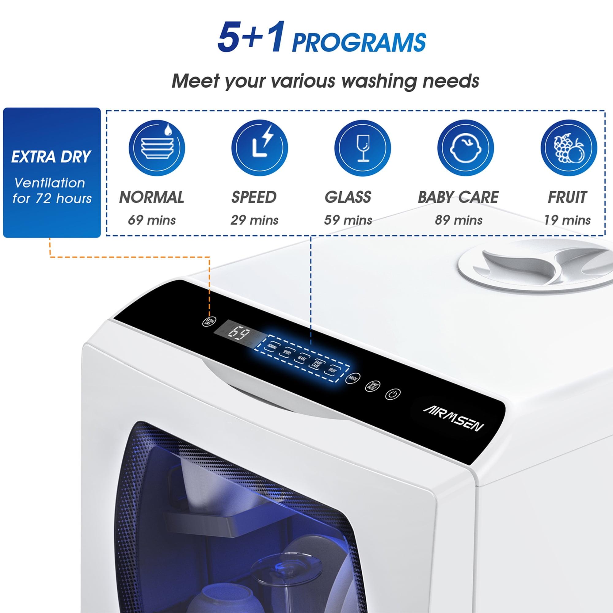 AIRMSEN Portable Countertop Dishwasher with 5-Liter Built-in Water Tank and Air-Dry Function, 5 Washing Programs, AE-TDQR03