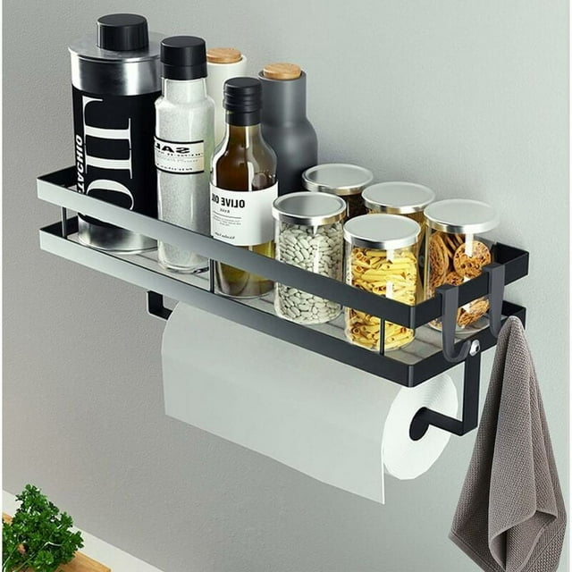 Estante para especias de pared de 35 cm, sin taladro, con portarrollos de cocina y 4 ganchos, color negro