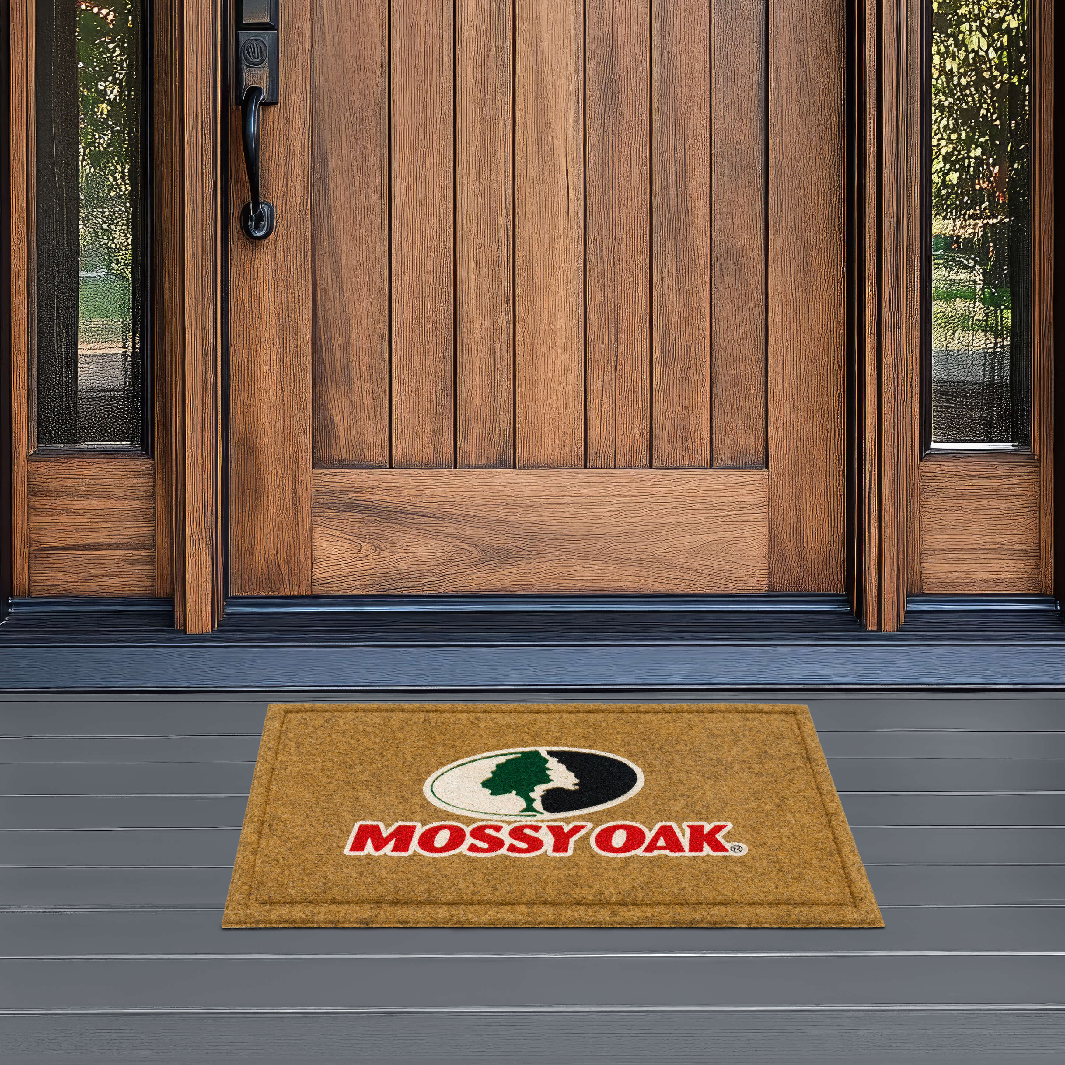 Mossy Oak Logo Recycled Rubber Indoor Outdoor Faux Coir All Weather Non-slip Doormat, Tan, 18" x 30"