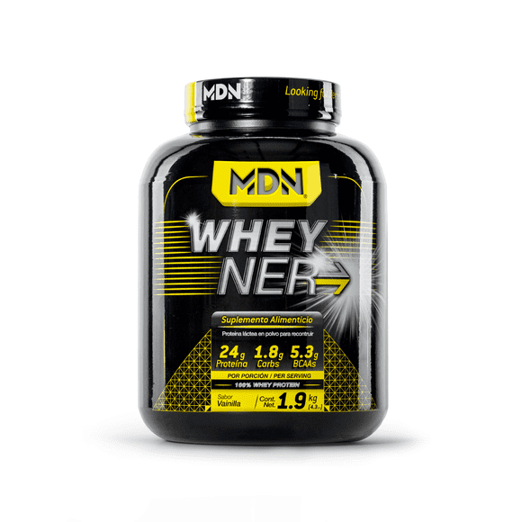 Mdn Wheyner 1.95kg 65 Servicios, Vainilla,Proteína 100% Whey Pura MDN Sports Proteina Suero de Leche WheyNer Vainilla